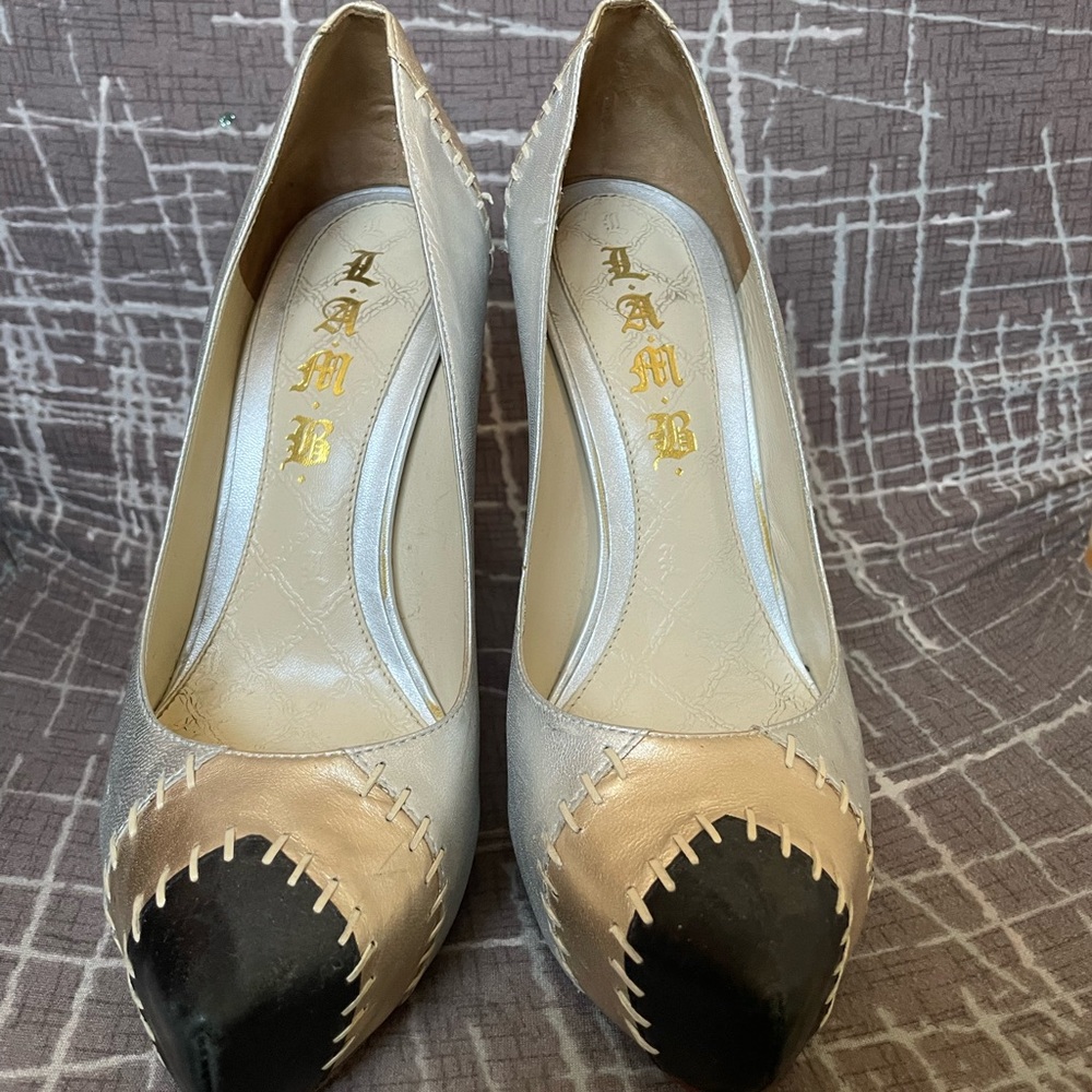 L.A.M.B. Black and Gold Stitched Heels
